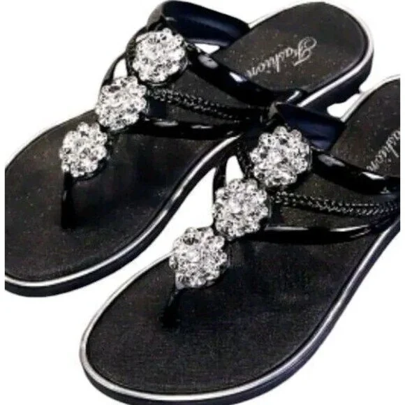 Women's (Bling!)-(Rhinestone)-(Flower)-(Flip Flops)-(Black)-(Size:9.5)-(New)-$30 - Picture 3 of 7
